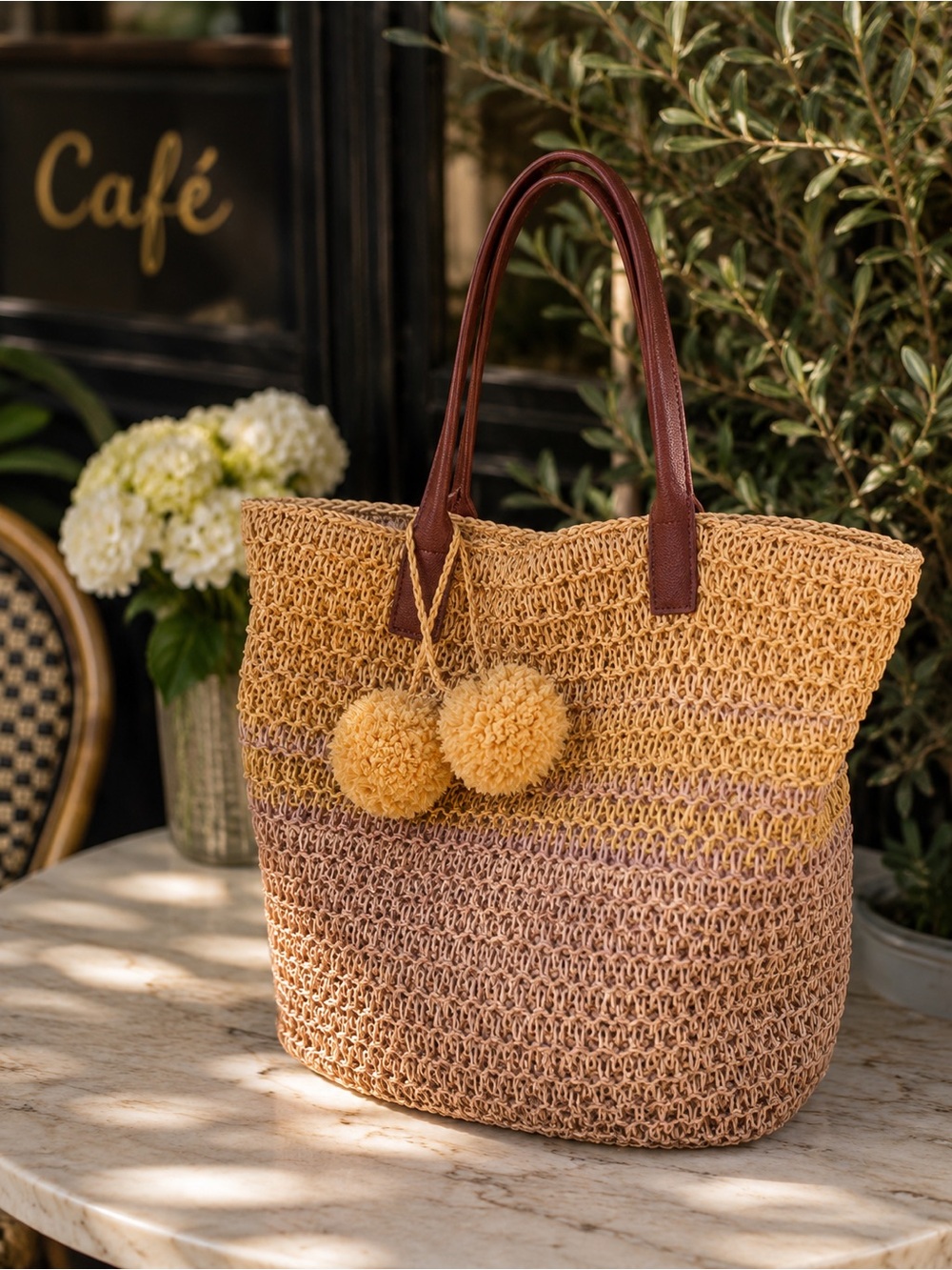 Merona Woven Paper Tote Shoulder Bag Pom Poms Beige Yellow Beach Summer Boho